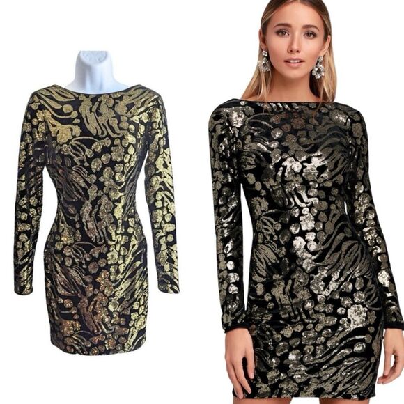 Dress the Population Lola Black Gold Sequin Velvet Long Sleeve Bodycon Dress M - Picture 1 of 9